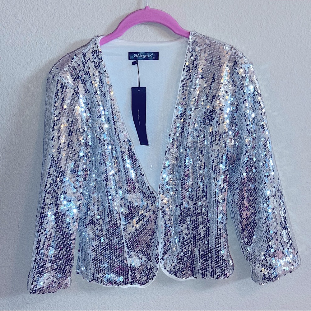 NWT Allegra‎ K Silver Sequin 3/4 Sleeve Open Front Blazer Jacket XS